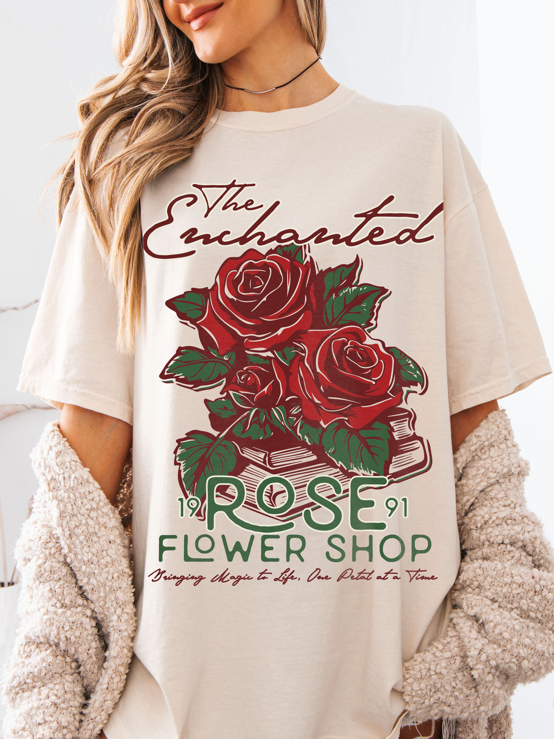 Treat urself Rose accent shirt blouse Enchanted Rose Flower Shop Shirt 