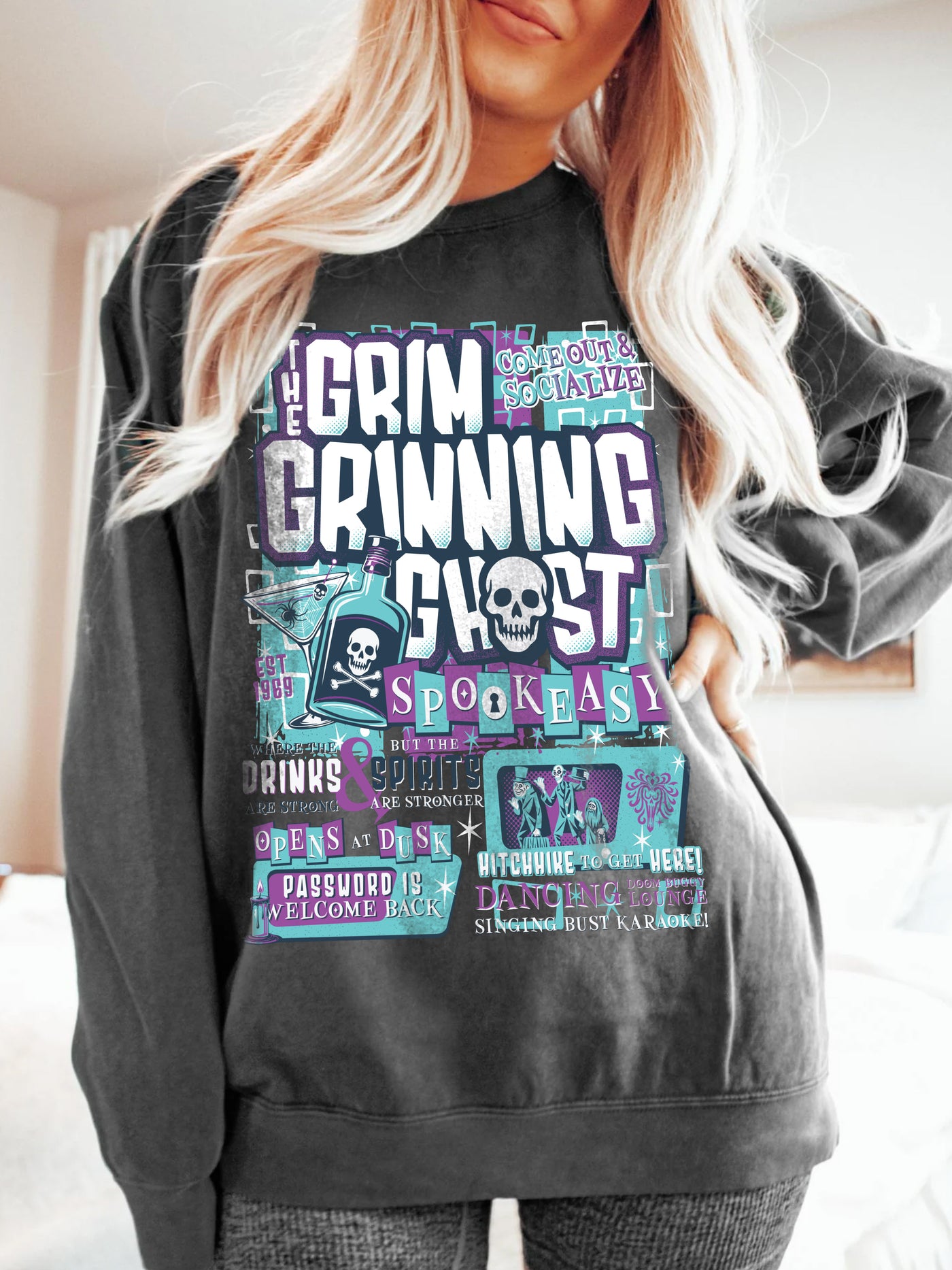 Grim Grinning Ghost Spookeasy Crewneck
